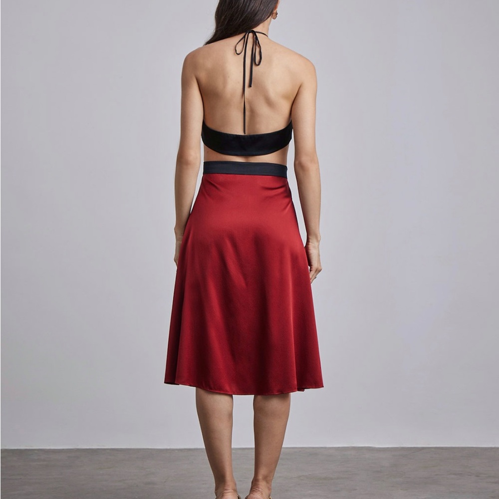 Sexy red halter cut out silk dress